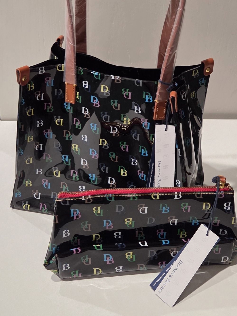Dooney & Bourke DB Logo Glossy Medium Shopper Tote with Matching Cosmetic Case